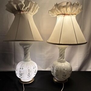 Vintage Milk Glass 3 Way Pair (2) Table Lamps Hand Painted Floral Swirl MCM 17"